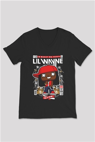 Lil Wayne Baskılı Unisex Siyah V Yaka Tişört