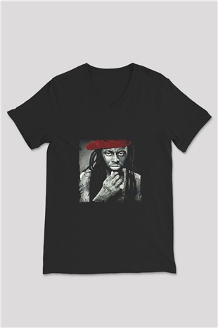 Lil Wayne Baskılı Unisex Siyah V Yaka Tişört