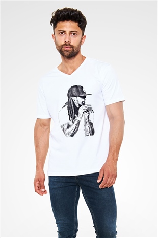 Lil Wayne Beyaz Unisex V Yaka Tişört