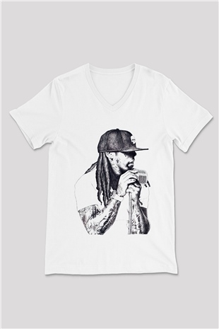 Lil Wayne Beyaz Unisex V Yaka Tişört