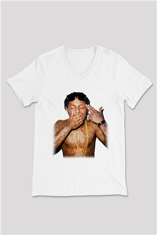 Lil Wayne Beyaz Unisex V Yaka Tişört T-Shirt