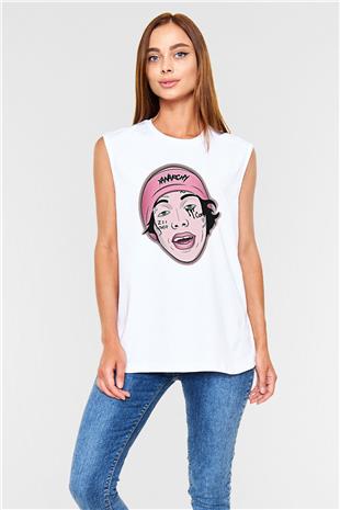 Lil Xan Baskılı Beyaz Unisex Kolsuz Tişört - Tshirt