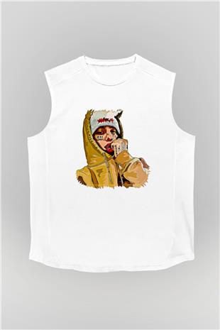 Lil Xan Baskılı Beyaz Unisex Kolsuz Tişört - Tshirt