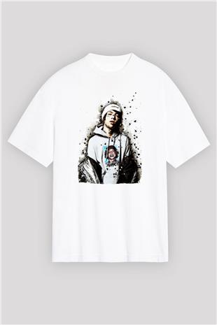 Lil Xan Baskılı Beyaz Unisex Oversize Tişört - Tshirt