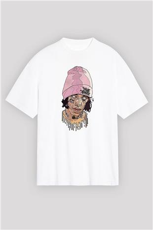 Lil Xan Baskılı Beyaz Unisex Oversize Tişört - Tshirt