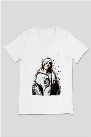 Lil Xan Baskılı Beyaz Unisex V Yaka Tişört - Tshirt