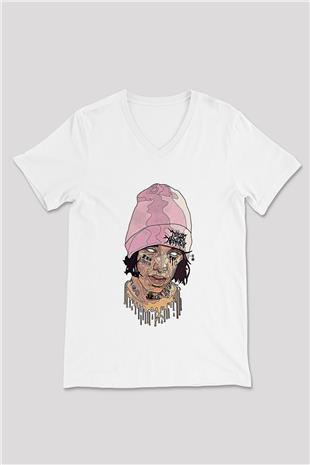 Lil Xan Baskılı Beyaz Unisex V Yaka Tişört - Tshirt