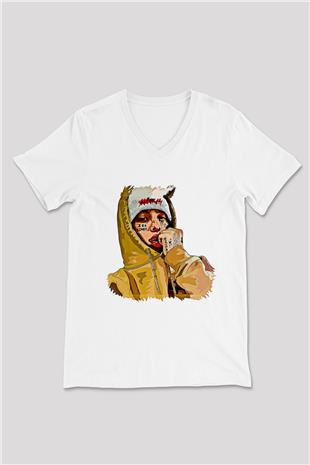 Lil Xan Baskılı Beyaz Unisex V Yaka Tişört - Tshirt