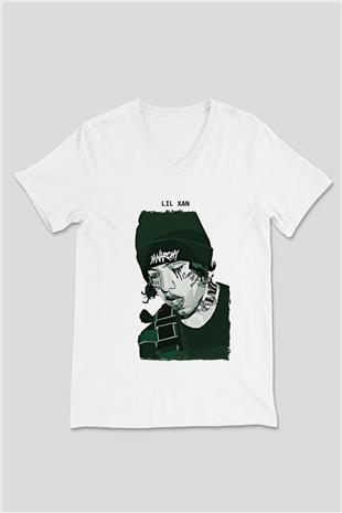 Lil Xan Baskılı Beyaz Unisex V Yaka Tişört - Tshirt