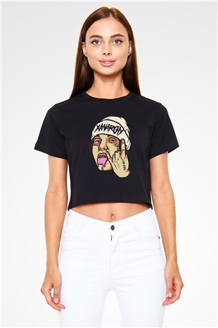Lil Xan Baskılı Siyah Crop Top Kadın Tişört - Tshirt