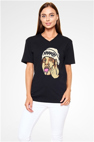 Lil Xan Baskılı Unisex Siyah V Yaka Tişört - Tshirt