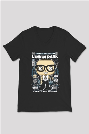 Linkin Park Baskılı Unisex Siyah V Yaka Tişört