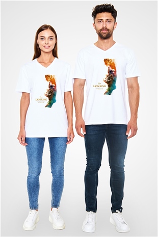 Lion King Beyaz Unisex V Yaka Tişört