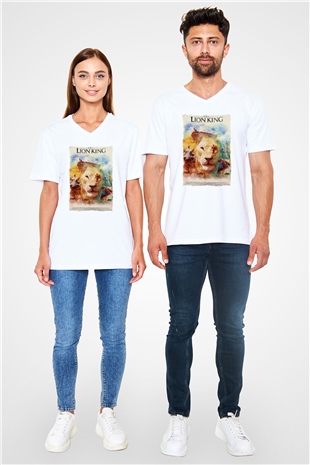 Lion King Beyaz Unisex V Yaka Tişört