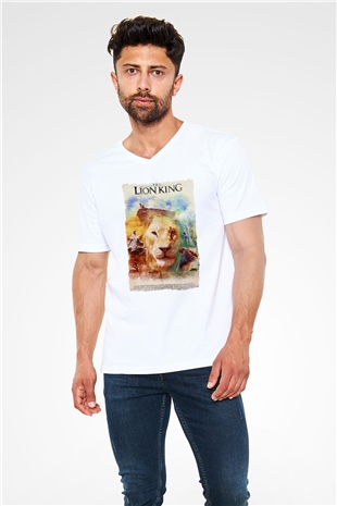 Lion King Beyaz Unisex V Yaka Tişört