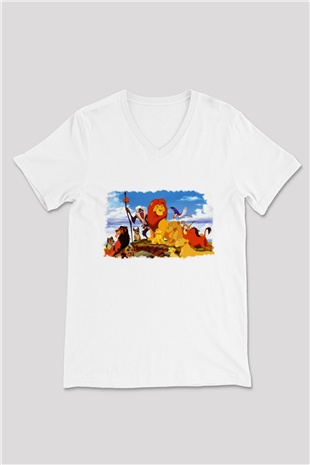 Lion King Beyaz Unisex V Yaka Tişört T-Shirt