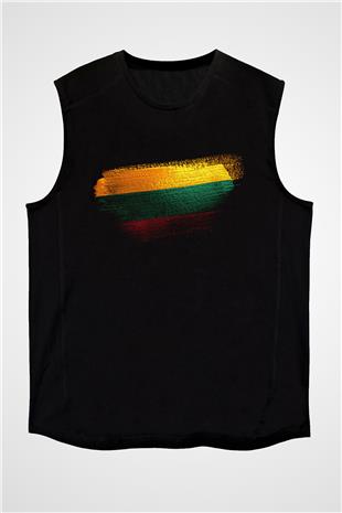 Litvanya - Lithuania Bayrağı Baskılı Unisex Siyah Kolsuz Tişört