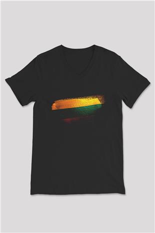 Litvanya - Lithuania Bayrağı Baskılı Unisex Siyah V Yaka Tişört