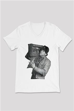 LL Cool J Baskılı Beyaz Unisex V Yaka Tişört - Tshirt