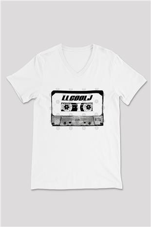 LL Cool J Baskılı Beyaz Unisex V Yaka Tişört - Tshirt