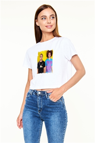 LMFAO Baskılı Beyaz Kadın Crop Top Tişört