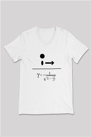 Lorentz Faktörü Baskılı Unisex V Yaka Beyaz Tişört - Tshirt