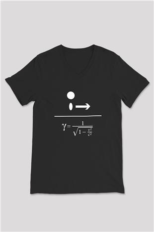 Lorentz Faktörü Baskılı Unisex V Yaka Siyah Tİşört - Tshirt
