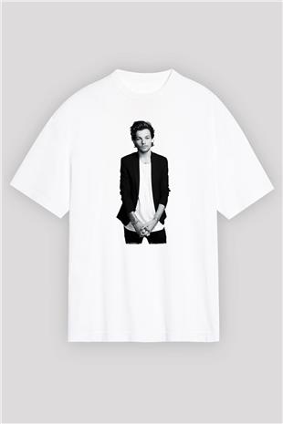 Louis Tomlinson Baskılı Beyaz Unisex Oversize Tişört - Tshirt