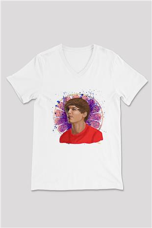 Louis Tomlinson Baskılı Beyaz Unisex V Yaka Tişört - Tshirt