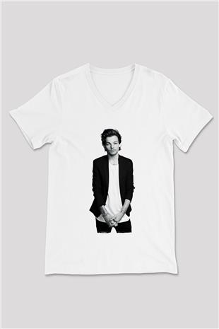 Louis Tomlinson Baskılı Beyaz Unisex V Yaka Tişört - Tshirt