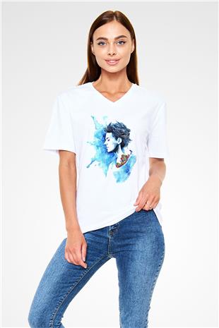 Louis Tomlinson Baskılı Beyaz Unisex V Yaka Tişört - Tshirt