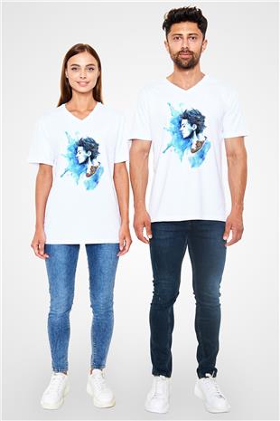 Louis Tomlinson Baskılı Beyaz Unisex V Yaka Tişört - Tshirt