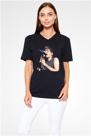 Louis Tomlinson Baskılı Unisex Siyah V Yaka Tişört - Tshirt