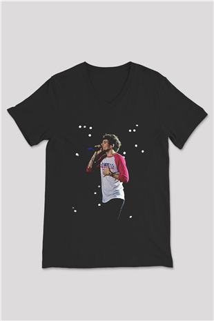 Louis Tomlinson Baskılı Unisex Siyah V Yaka Tişört - Tshirt