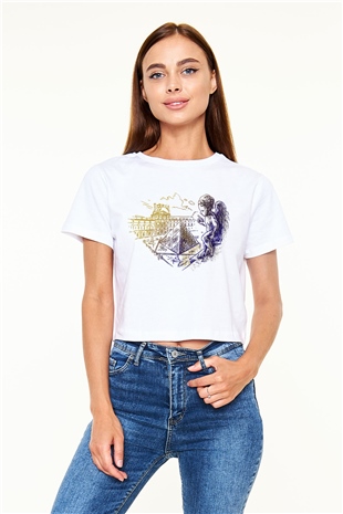 Louvre Müzesi Beyaz Croptop Tişört