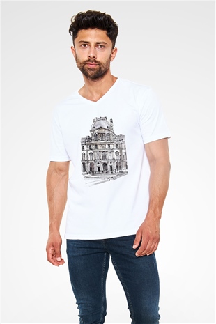 Louvre Müzesi Beyaz Unisex V Yaka Tişört T-Shirt