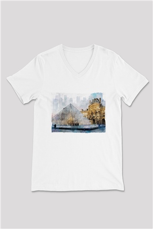 Louvre Müzesi Beyaz Unisex V Yaka Tişört
