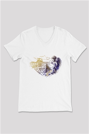 Louvre Müzesi Beyaz Unisex V Yaka Tişört T-Shirt