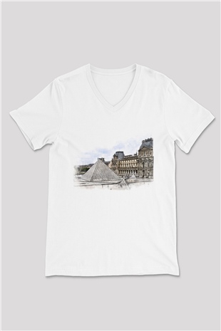 Louvre Müzesi Beyaz Unisex V Yaka Tişört