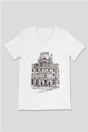 Louvre Müzesi Beyaz Unisex V Yaka Tişört T-Shirt