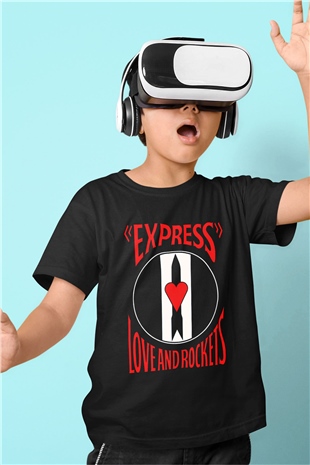 Love and Rockets Baskılı Siyah Unisex Çocuk Tişört