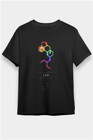 LSD Molekülü Baskılı Unisex Siyah Tişört - Tshirt