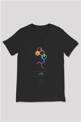LSD Molekülü Baskılı Unisex V Yaka Siyah Tİşört - Tshirt