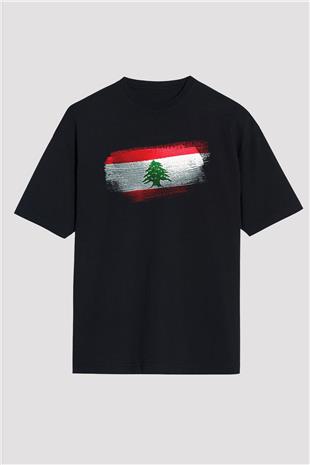 Lübnan - Lebanon Bayrağı Baskılı Unisex Siyah Oversize Tişört