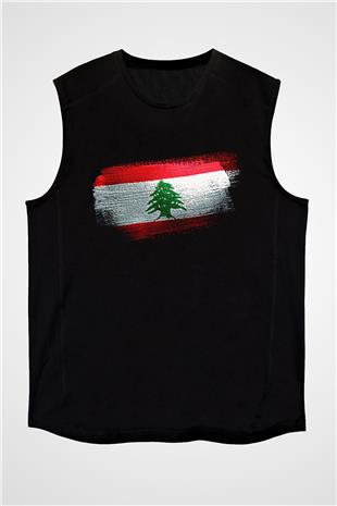 Lübnan - Lebanon Bayrağı Baskılı Unisex Siyah Kolsuz Tişört