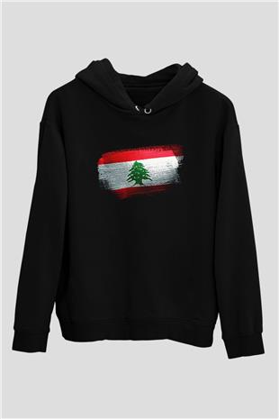 Lübnan - Lebanon Bayrağı Baskılı Unisex Siyah Kapüşonlu Sweatshirt