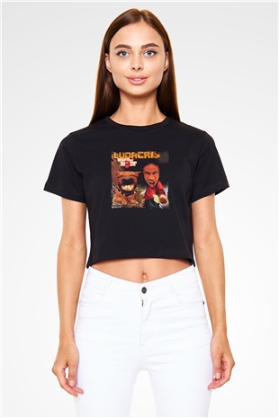 Ludacris Baskılı Crop Top Siyah Kadın Tişört