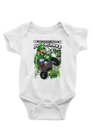 Luigi Motocross Baskılı Unisex Beyaz Bebek Body - Zıbın