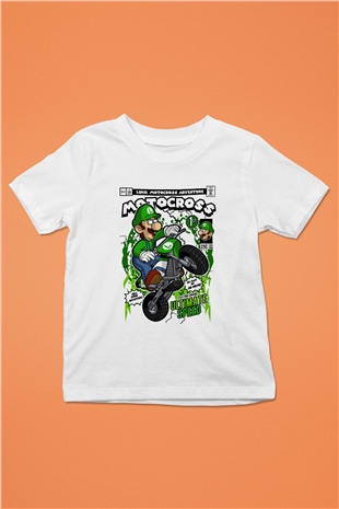 Luigi Motocross Baskılı Unisex Beyaz Çocuk Tişört