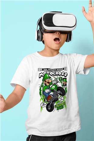 Luigi Motocross Baskılı Unisex Beyaz Çocuk Tişört